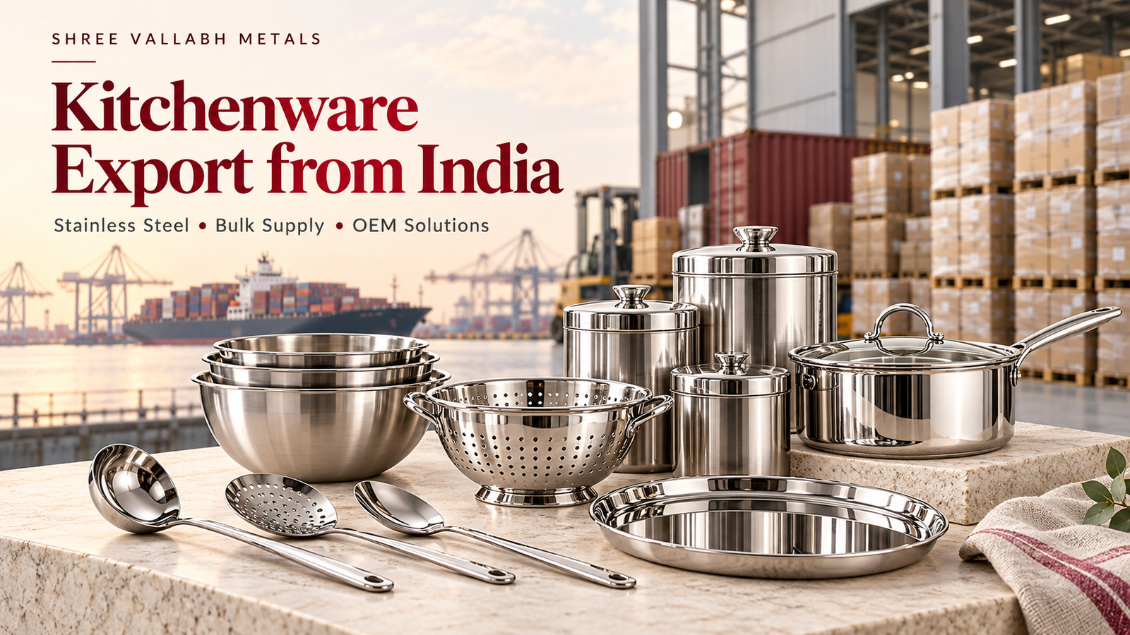 Stainless steel kitchenware displayed against an export shipping background for Shree Vallabh Metals.